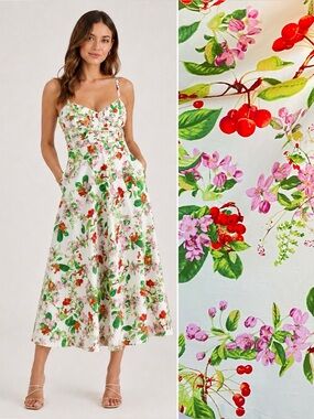 Taylor Red Cherry Butterfly Floral Midi Dress Cotton Cottagecore Fairy NWT Sz 6